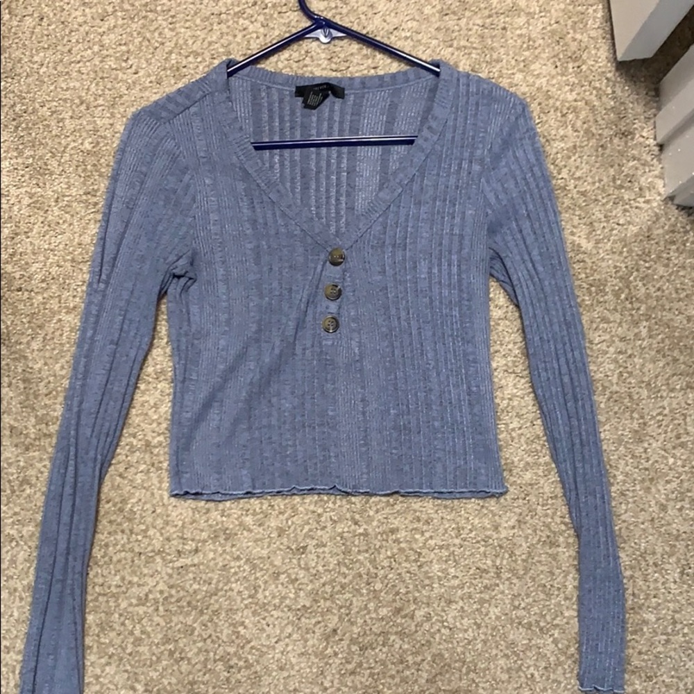 Blue ribbed v neck long sleeve